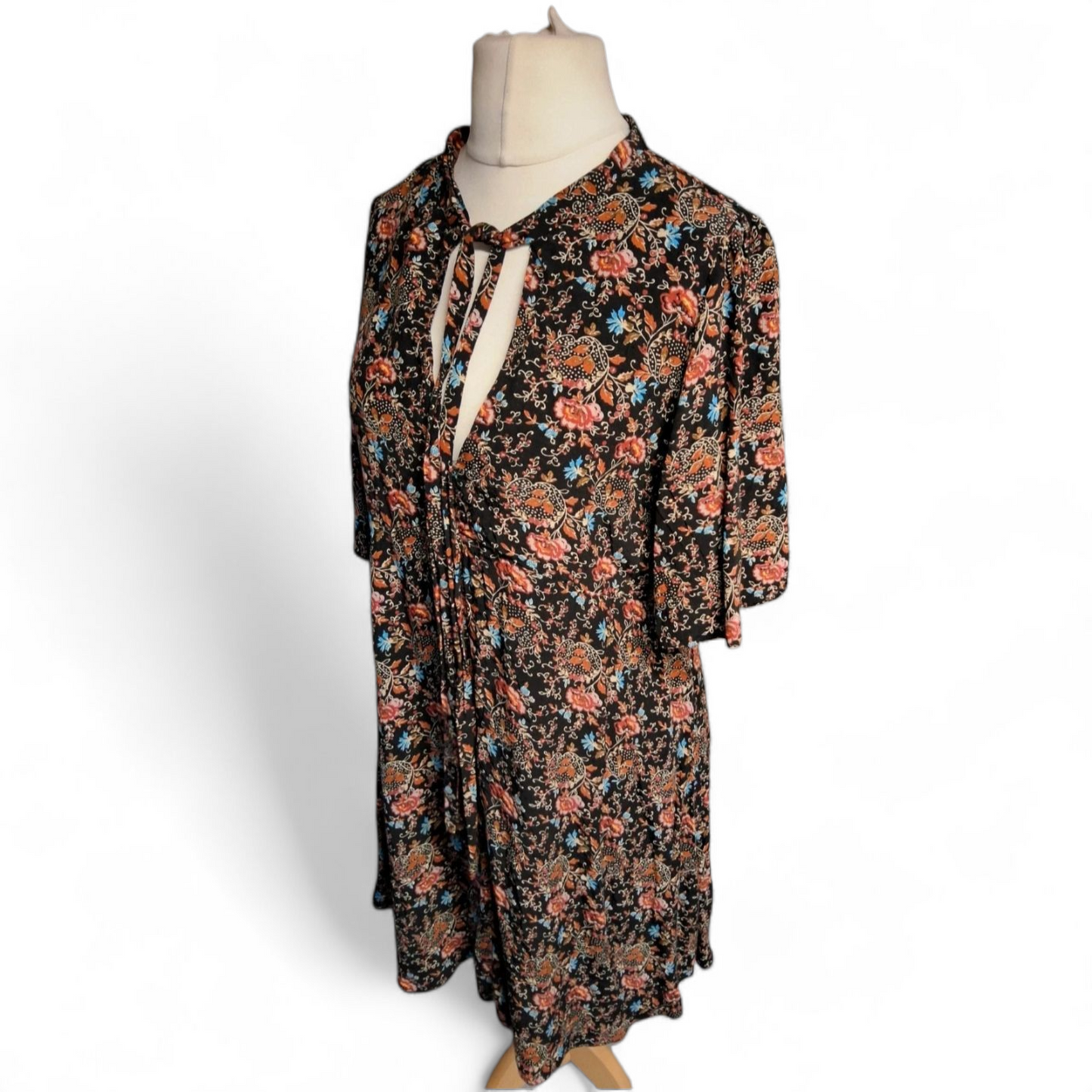 Cooperative Black Multicoloured Tie-Neck Dress – Size M (UK size  10/12) – 100% Viscose