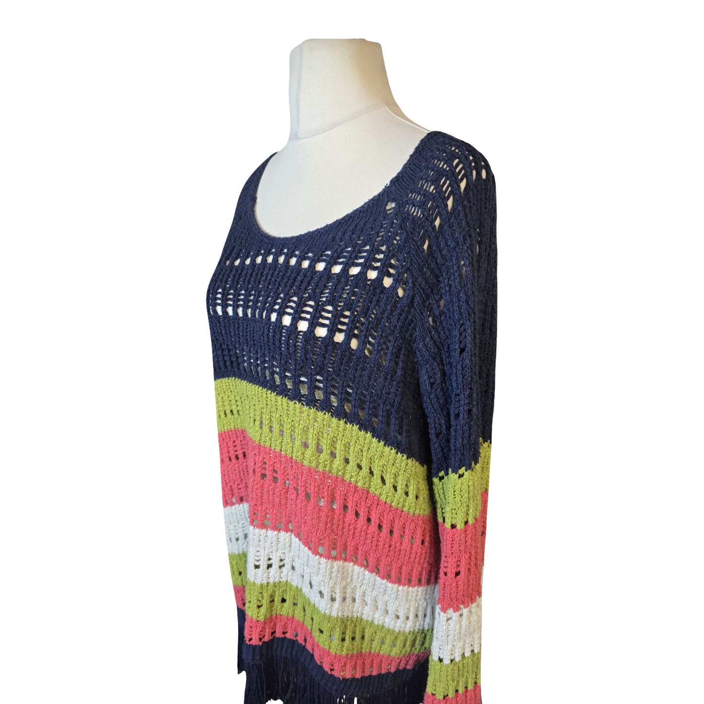 Next Multicoloured Striped Crochet Tassel Jumper – Size 16/18 – Boho Sheer Knit