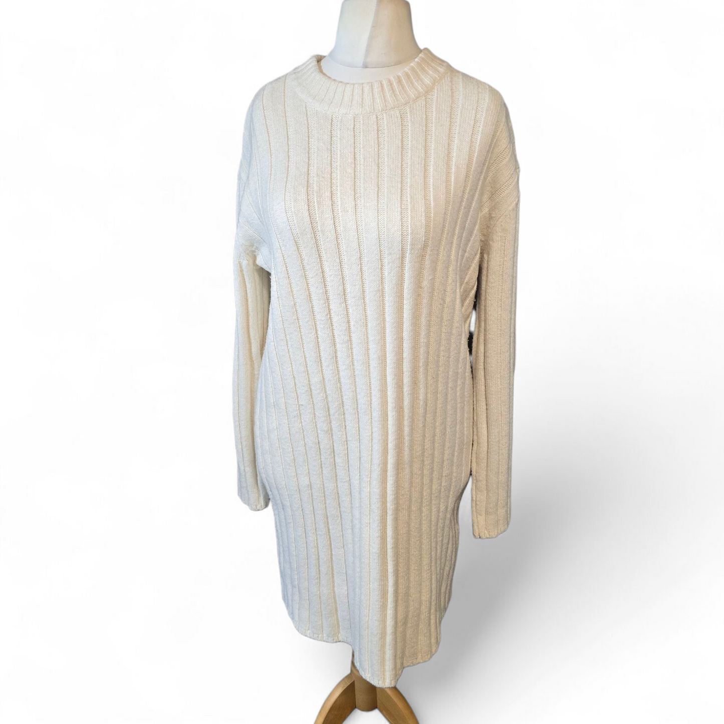 H&M Cream Ribbed Jumper Dress – Size S (UK 12) – Cosy Knit with High Neck