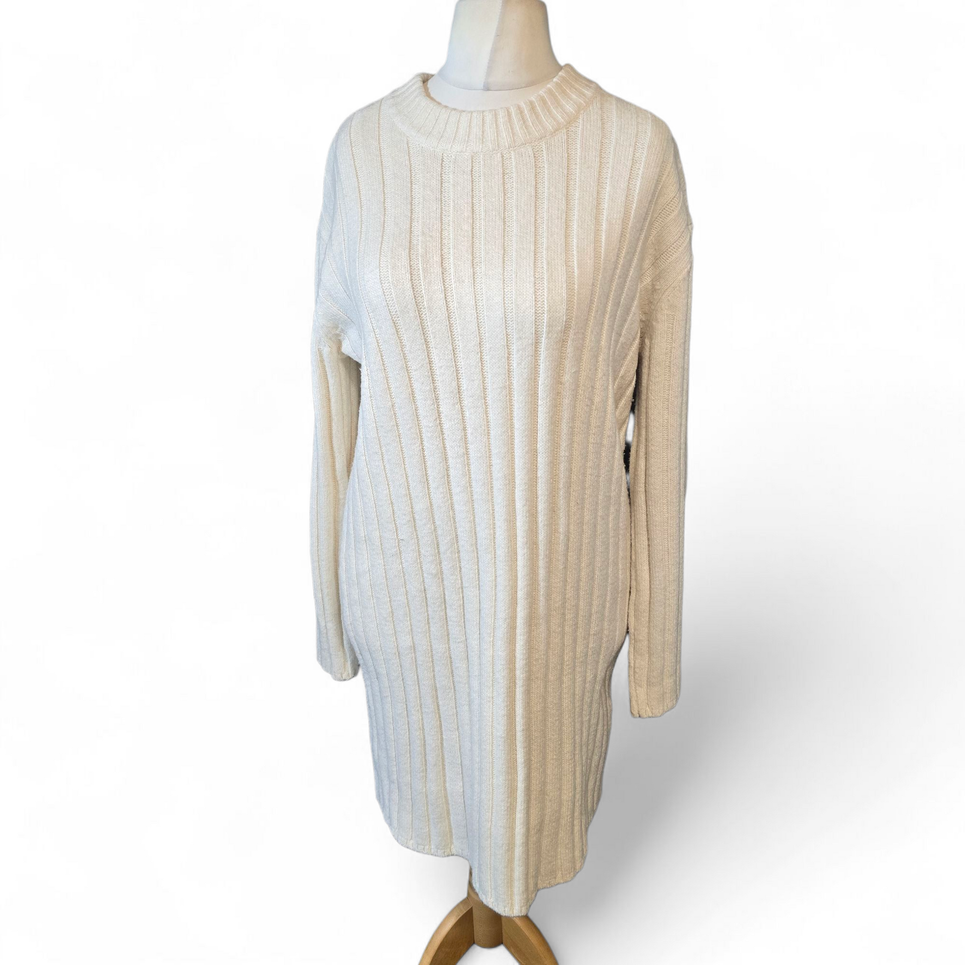 H&M Cream Ribbed Jumper Dress – Size S (UK 12) – Cosy Knit with High Neck