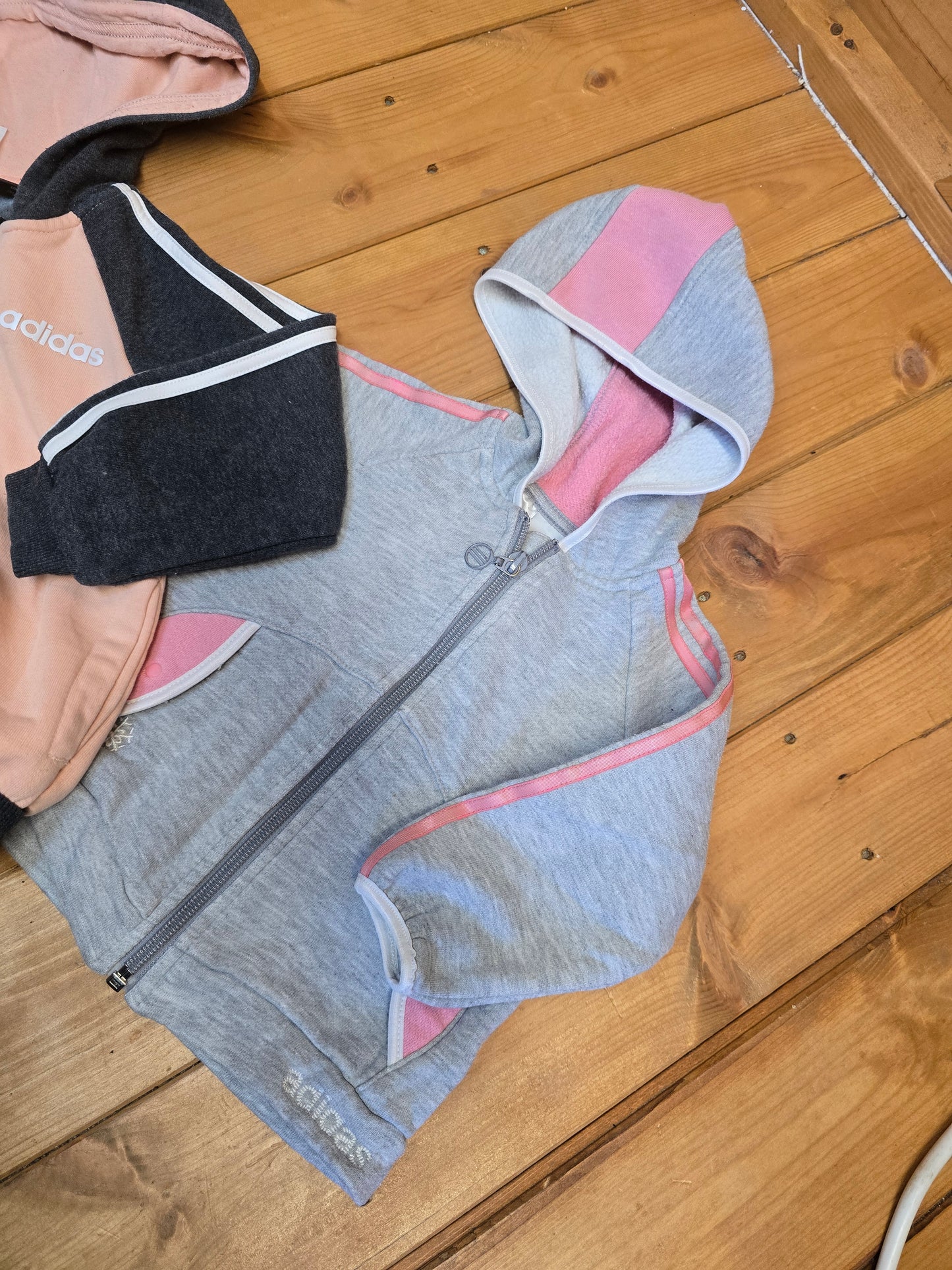Girls' Adidas Zip-Up Hoodies Bundle Age 9-12 Months – Pink/Grey, Good Condition