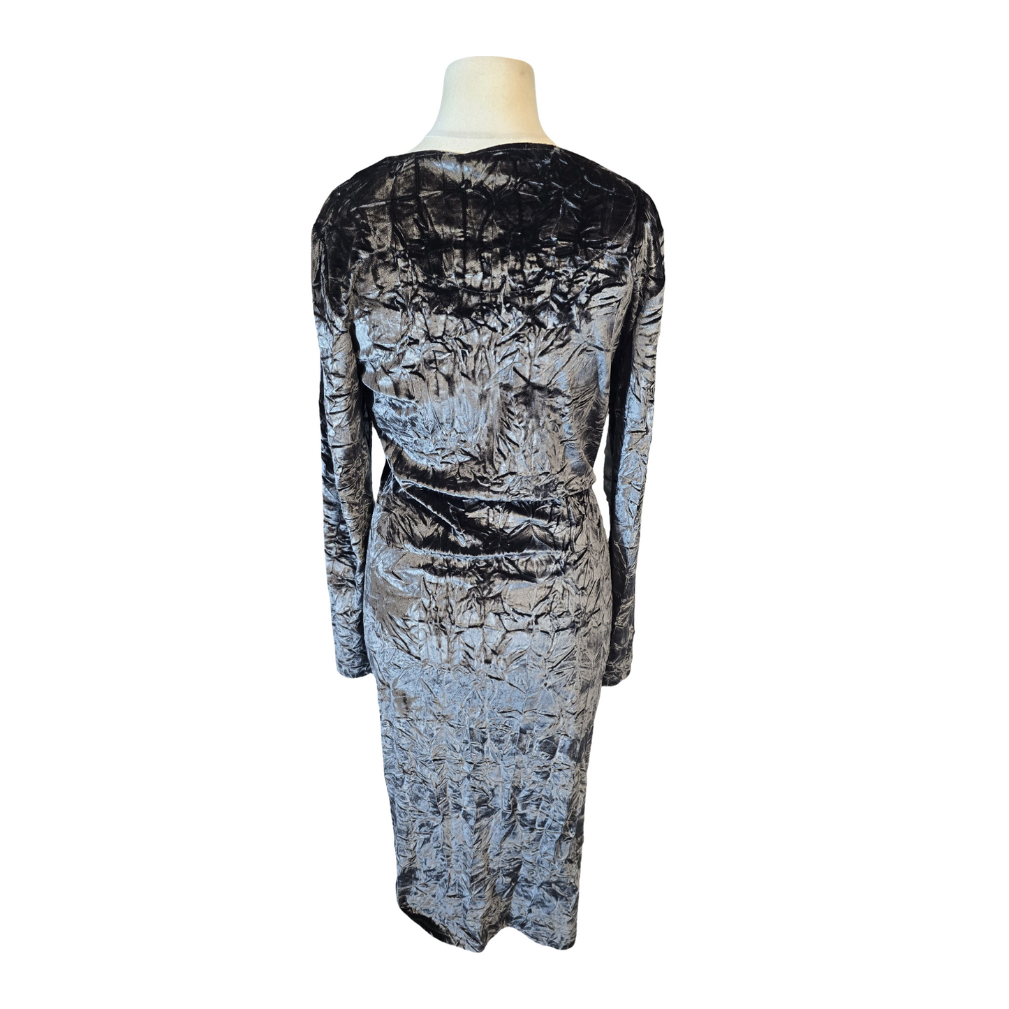 Next Charcoal Crushed Velvet Midi Dress – Ruched Long Sleeve Bodycon – Size 16