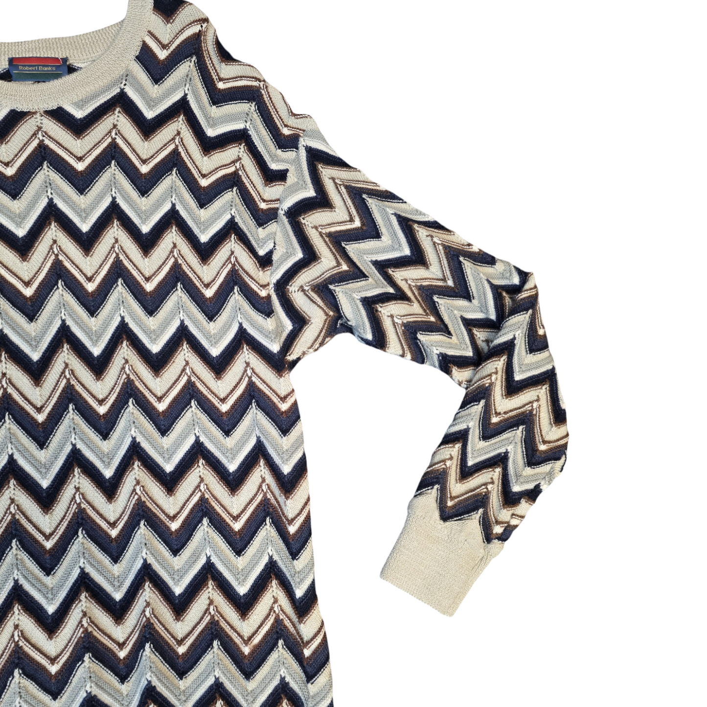 Robert Banks Jumper Beige,Brown & Navy Long Length Chevron Vintage 80s 90s