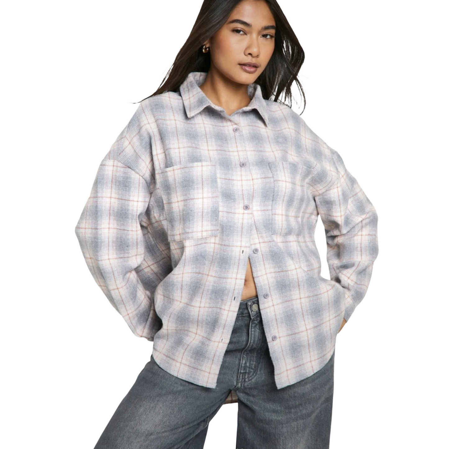 Boohoo Grey & Orange Checked Oversized Shirt – Size 14 – NWT