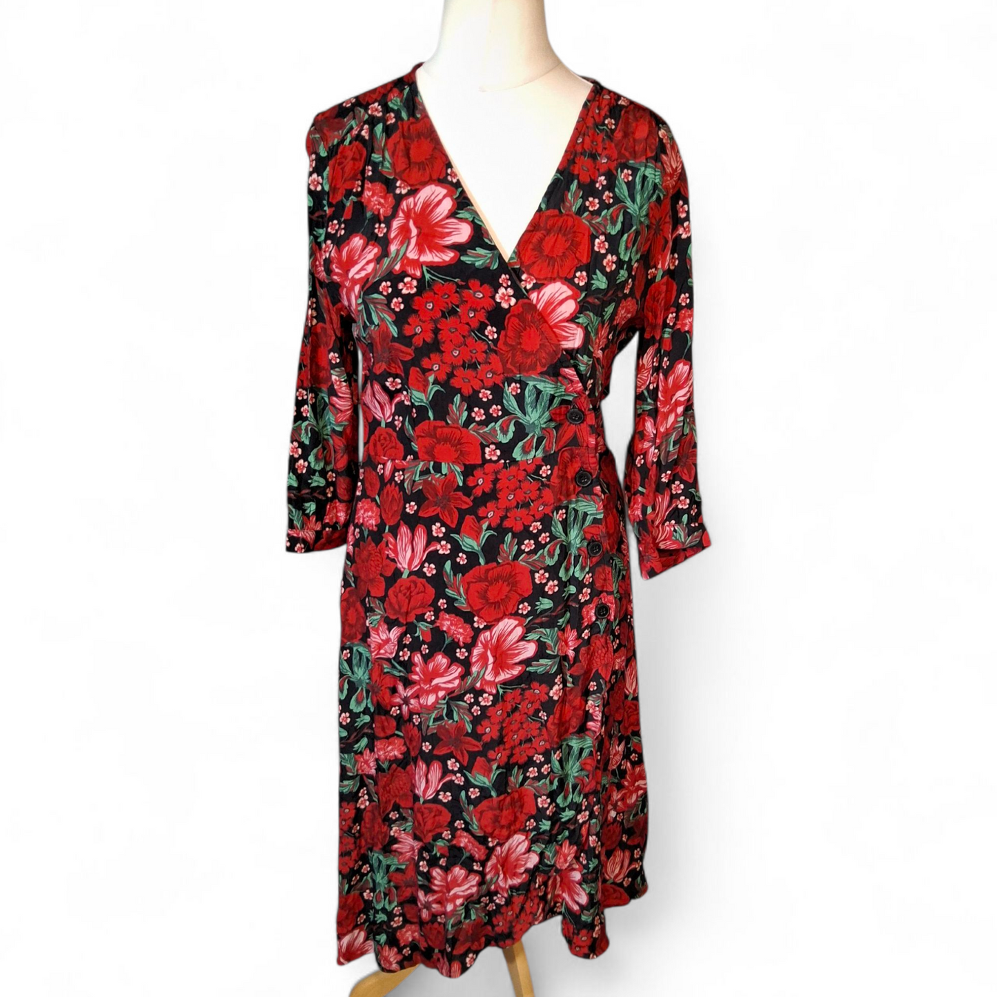 Monki Red Floral Wrap Style Dress – 3/4 Sleeve, Knee to Midi Length – UK 10