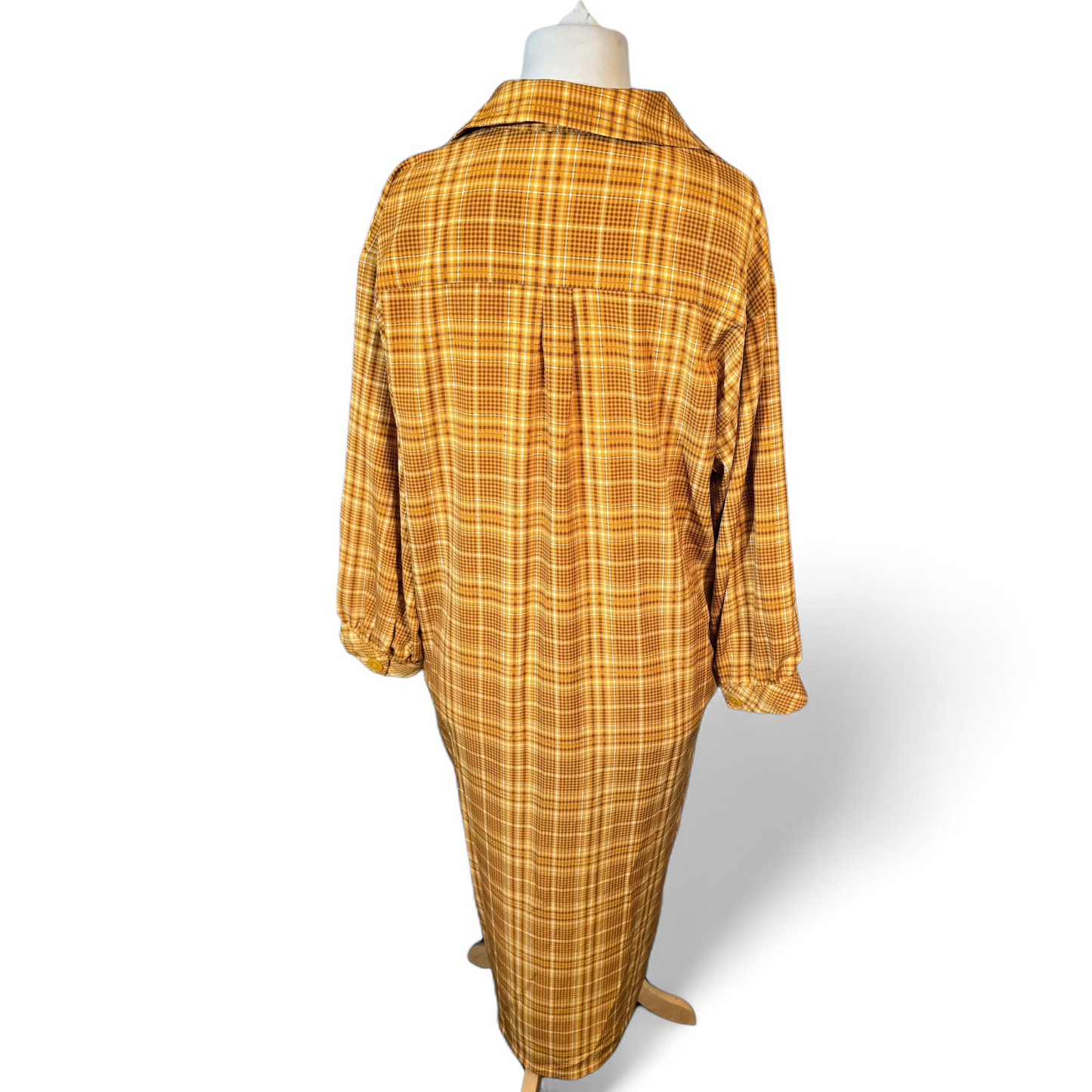 Monki Mustard Check Midi Shirt Dress – Size M (UK size 12/14) – Pockets & 3/4 Sleeves