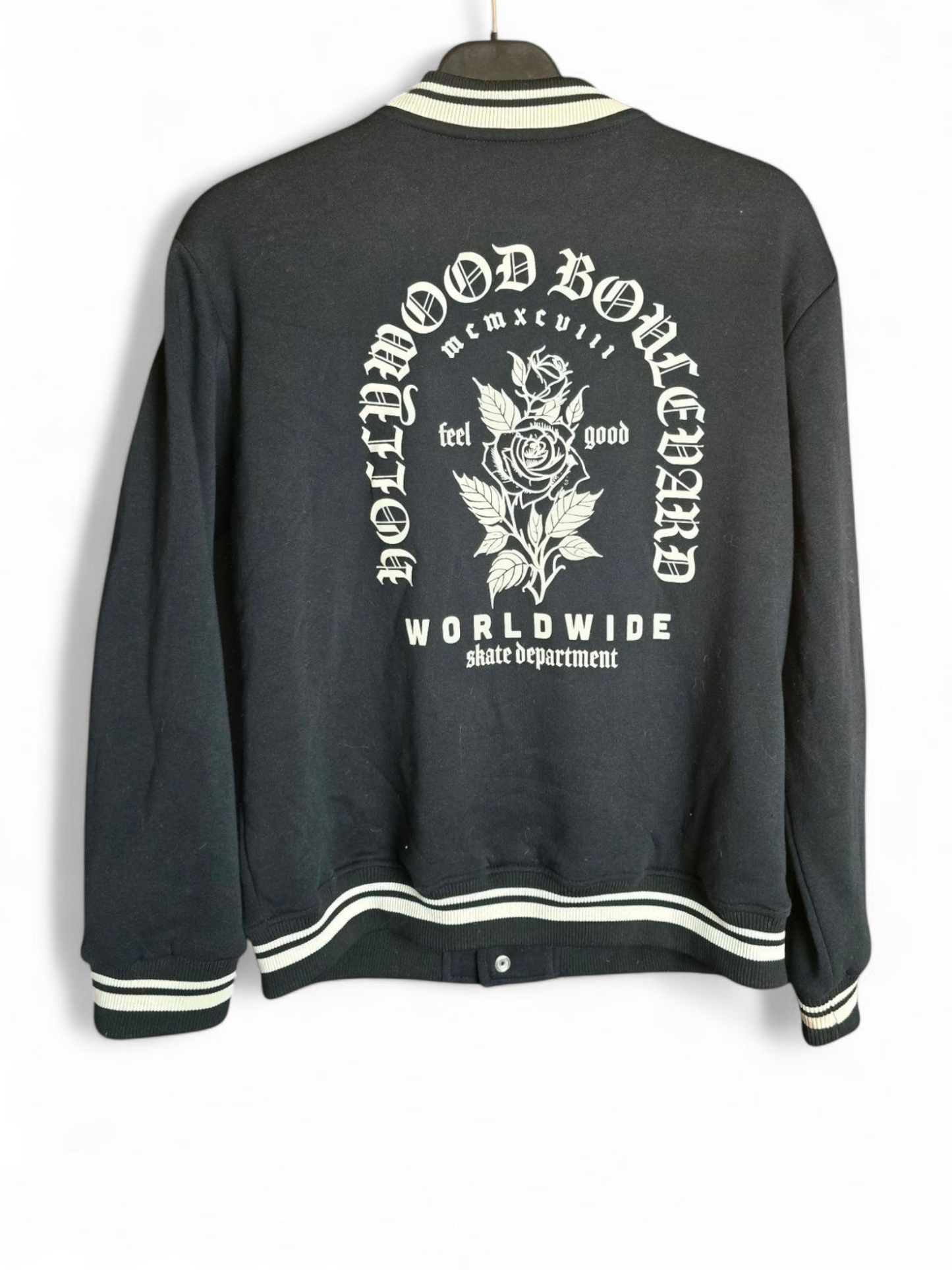H&M Girls Varsity Jacket Age 10–12 – Black & White, Hollywood Blvd Print, Popper Close, Pockets