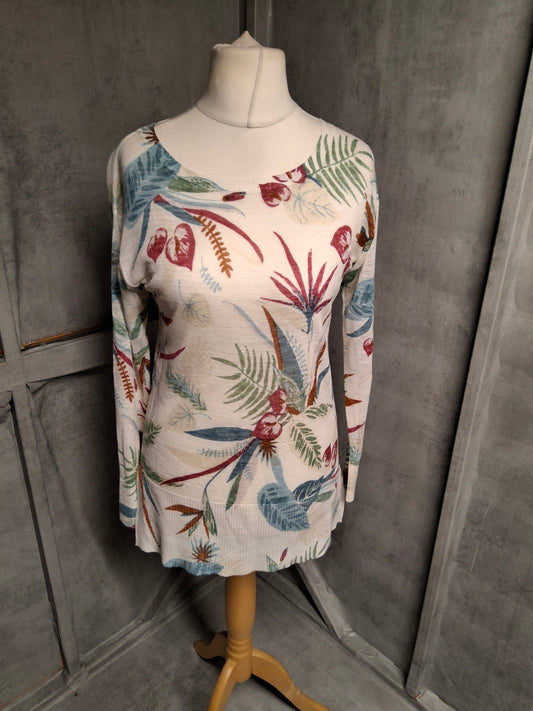 Monsoon Cream Linen Blend Tropical Floral Jumper – Size Small (UK 8/10) – Longer Length