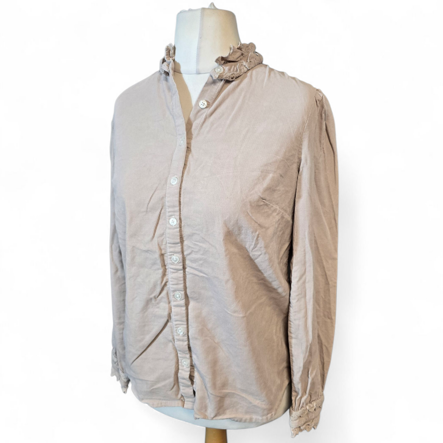Boden Beige Cord Shirt – Frilly Collar & Cuffs – Size 8 – 100% Cotton