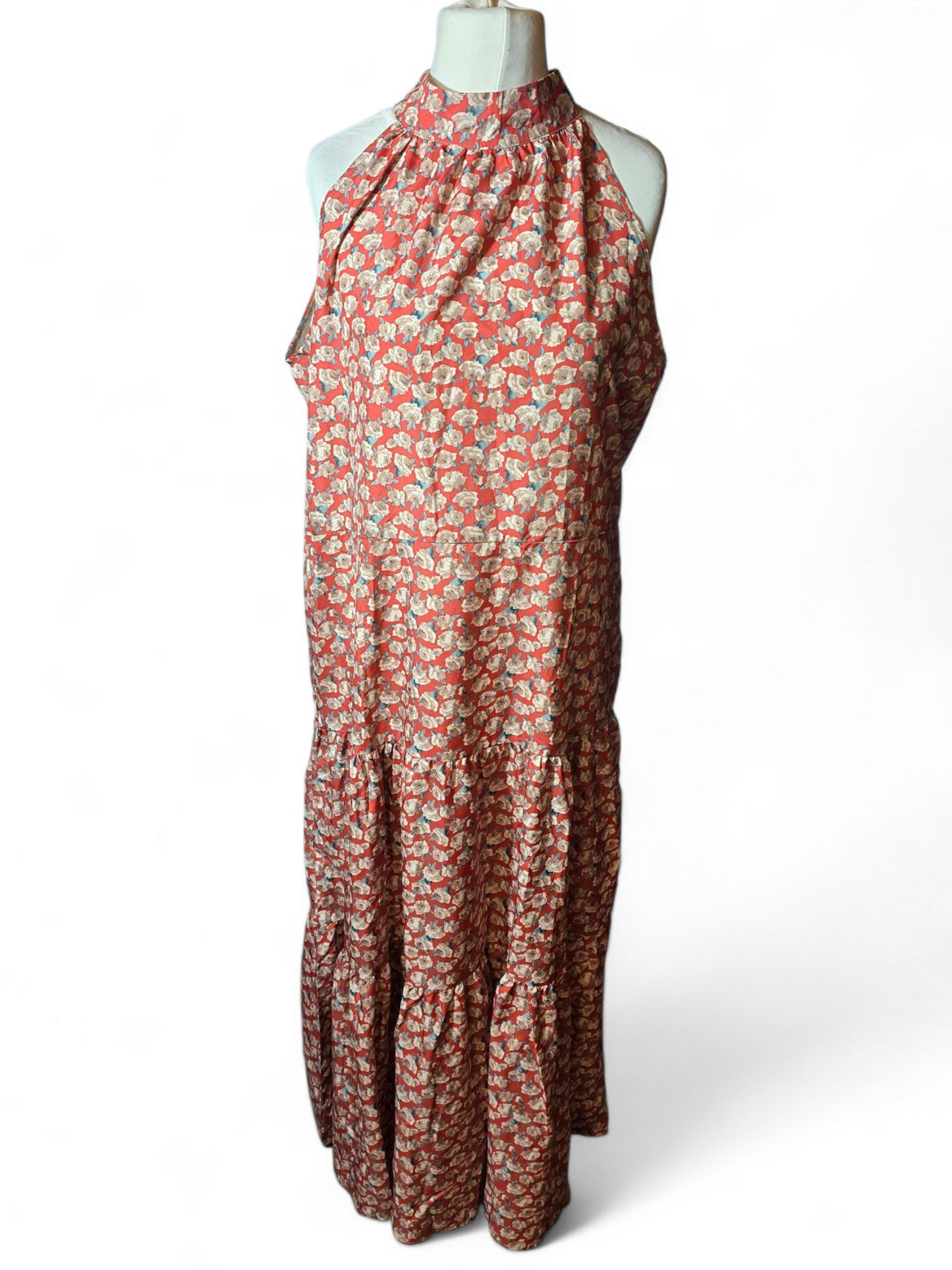 Red & beige floral halterneck sleeveless flared maxi dress XL size 14/16