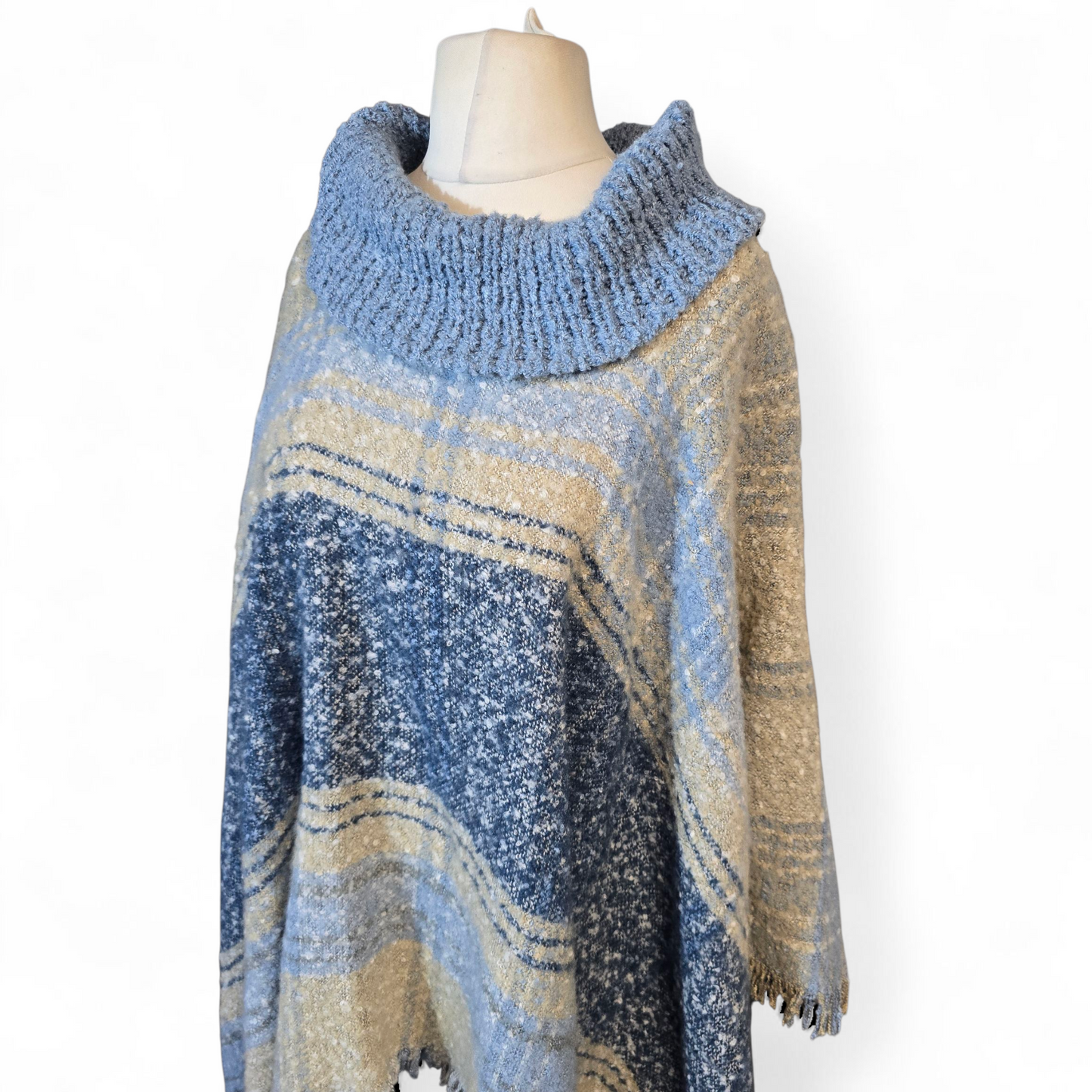 Lauren Taylor Blue & Beige Knitted Poncho – Turtleneck Tasselled Design – One Size (Fits 12–24)