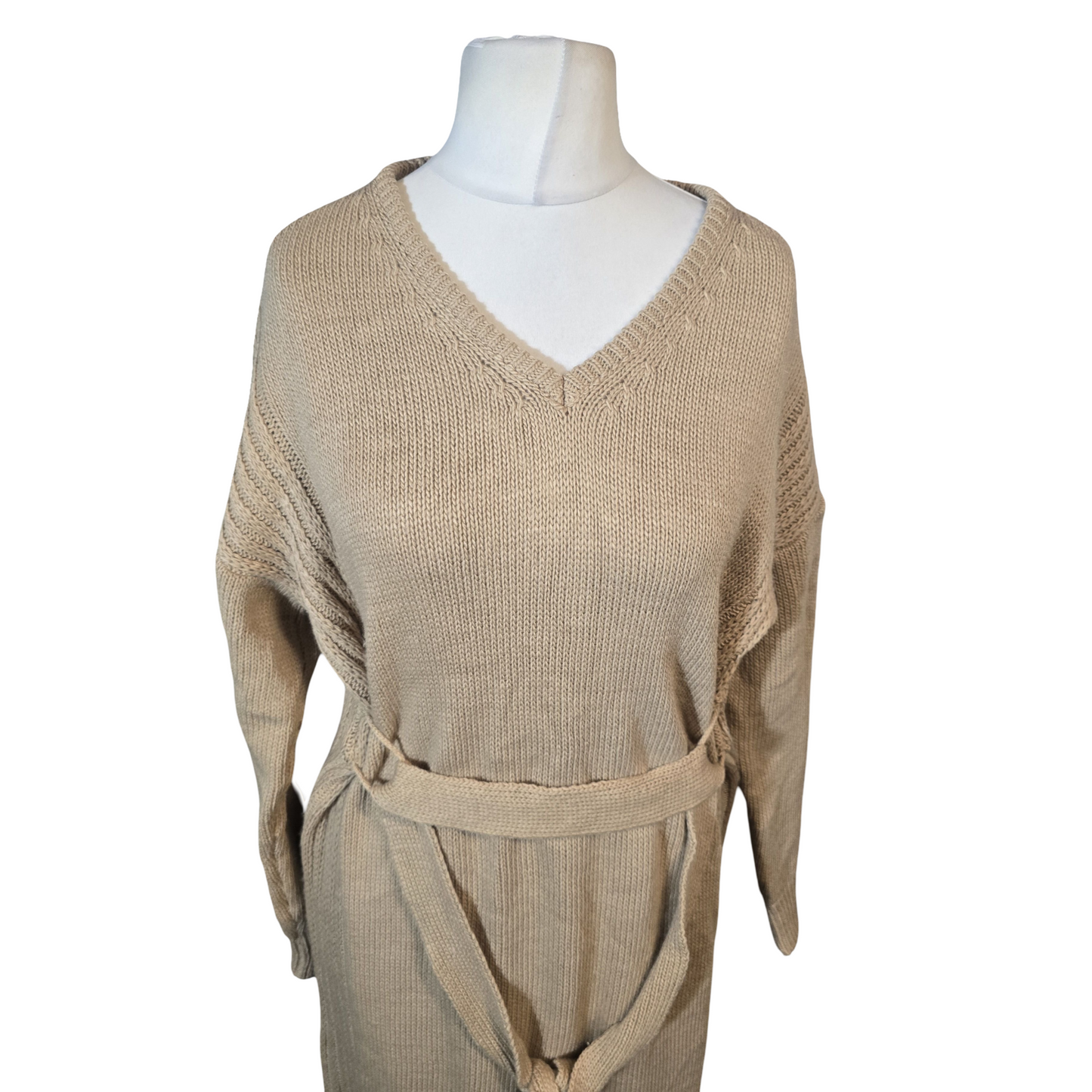 Boohoo Beige Midi Jumper Dress – Belted – Side Slits – Size 12 – Acrylic Knit