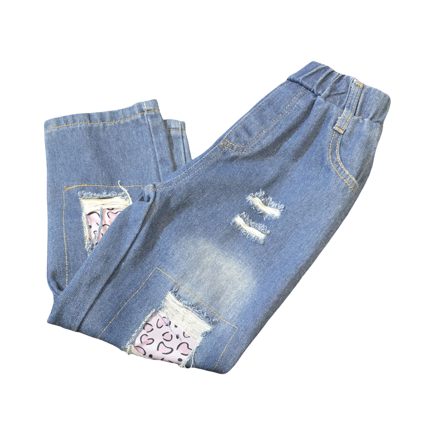 Pat Pat Blue Distressed Jeans – Girls 4–5 Years – Polyester – Leopard Patch Detail