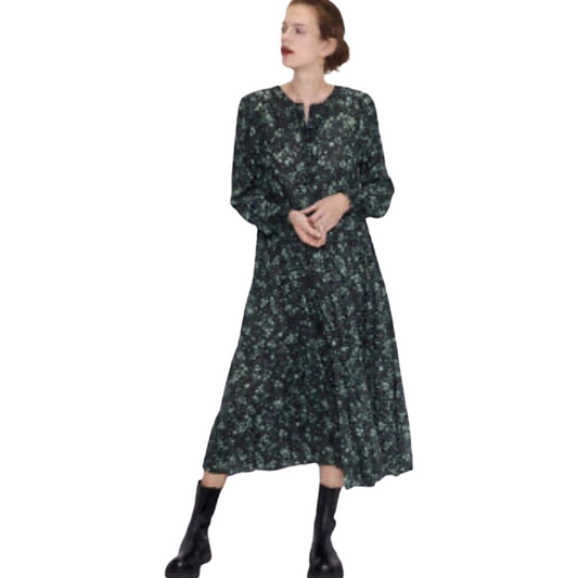 Zara Black & Green Floral Midi Dress – Long Sleeve – Size S (UK size 10/12)