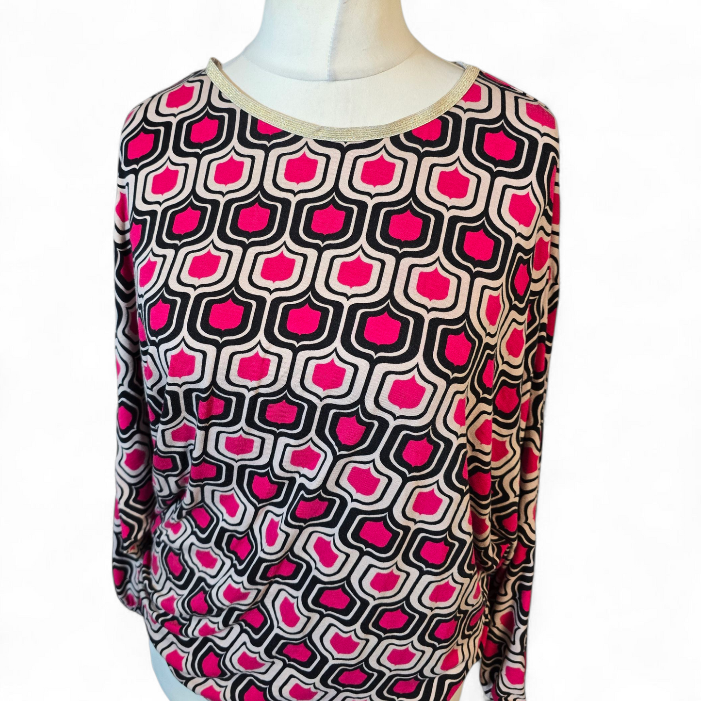 Bonmarché Pink, Black & Beige Patterned Top – Gold Trim, Batwing Sleeves – Size 12