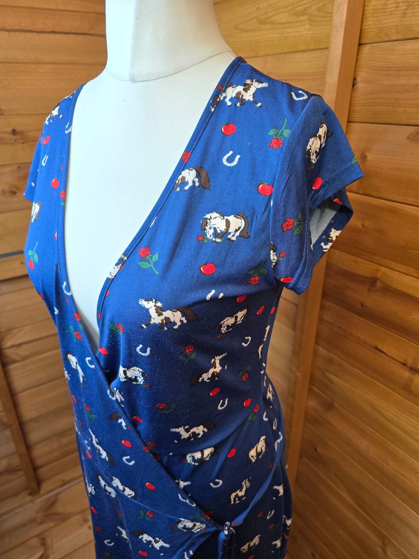 Lindy Bop Blue Print Wrap Dress Size 12 – V-Neck, Midi, Stretchy, Horse & Cherry Rose Design