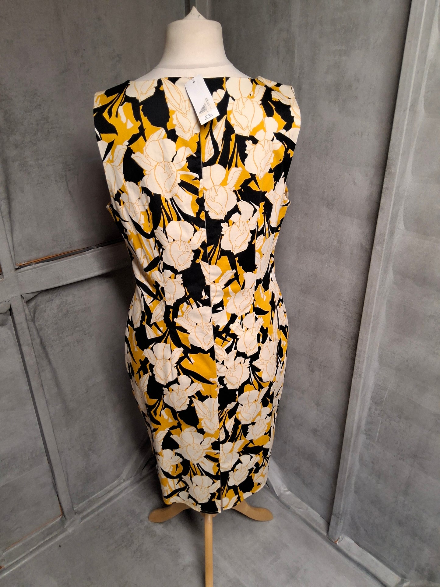 F&F Yellow & Black Floral Cotton Midi Dress – Size 16 – NWT