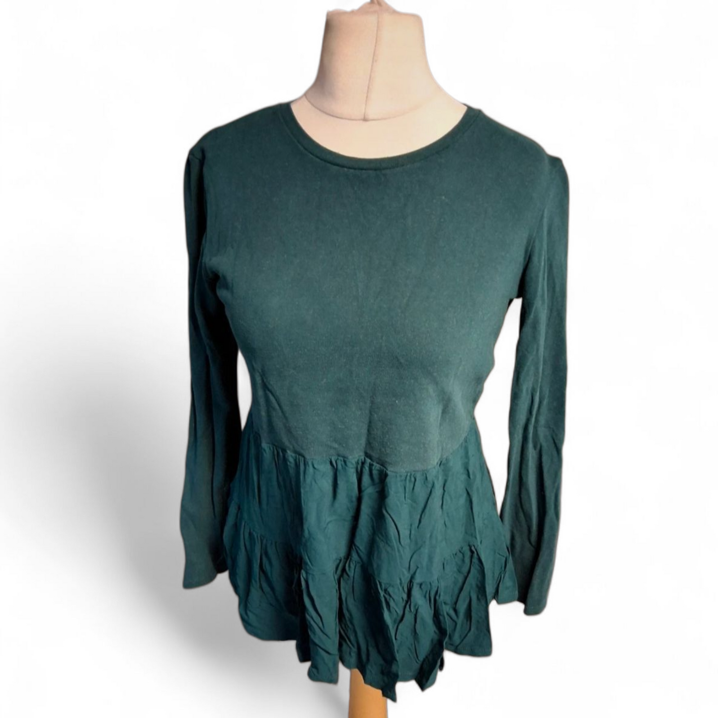 Zara Green Long Sleeve Jumper – Size S (UK size 8/10) – Frill Hem Layered Look