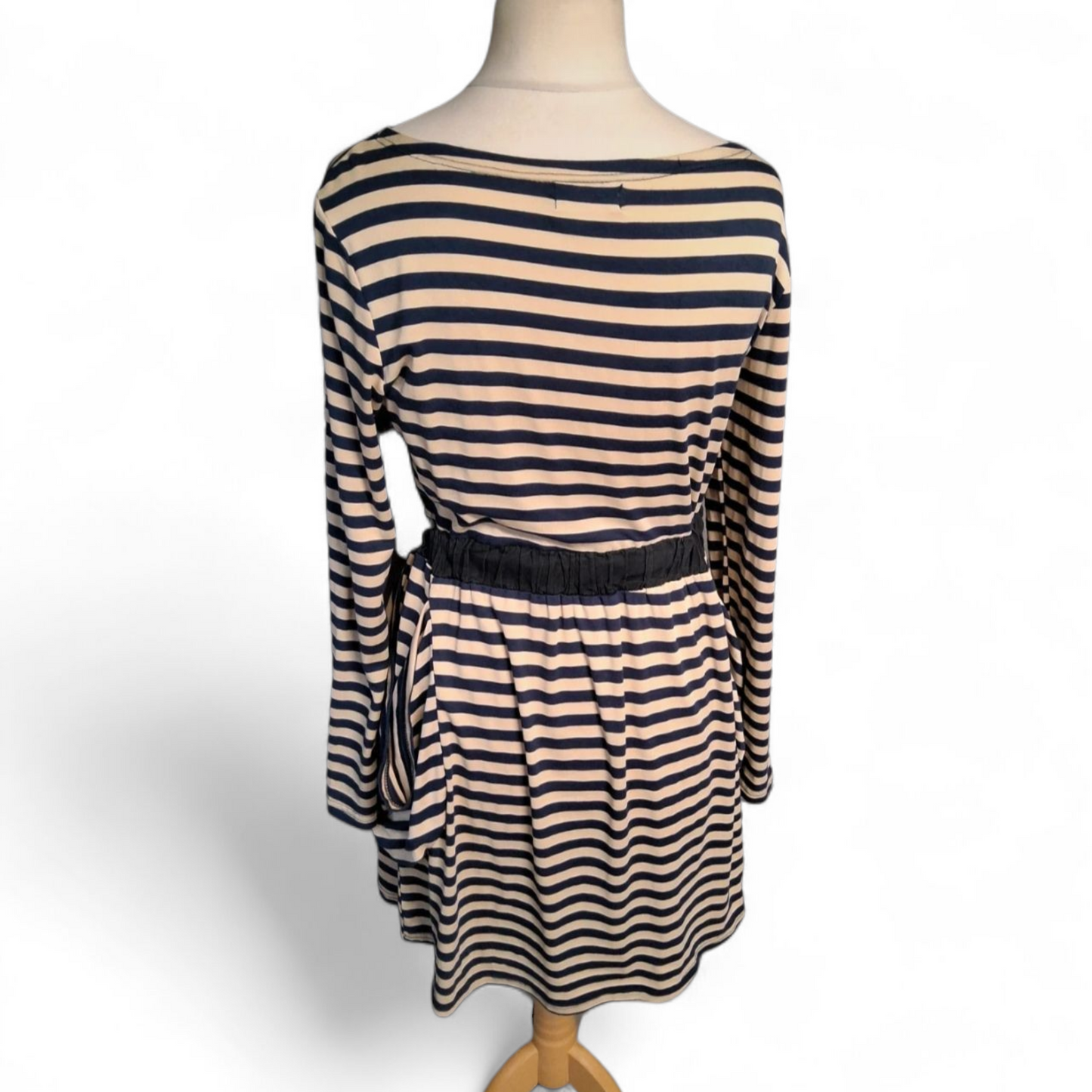 Max C Navy & Cream Striped Long Sleeve Dress – Size 12 – Pockets & Elastic Waist