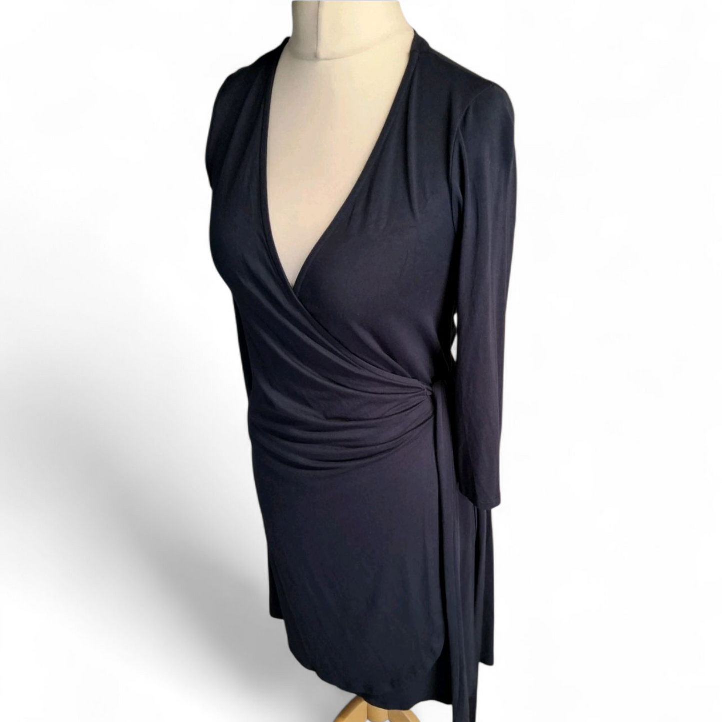 Mauvette Navy Wrap Bodycon Midi Dress – Size 10 – Viscose Chic