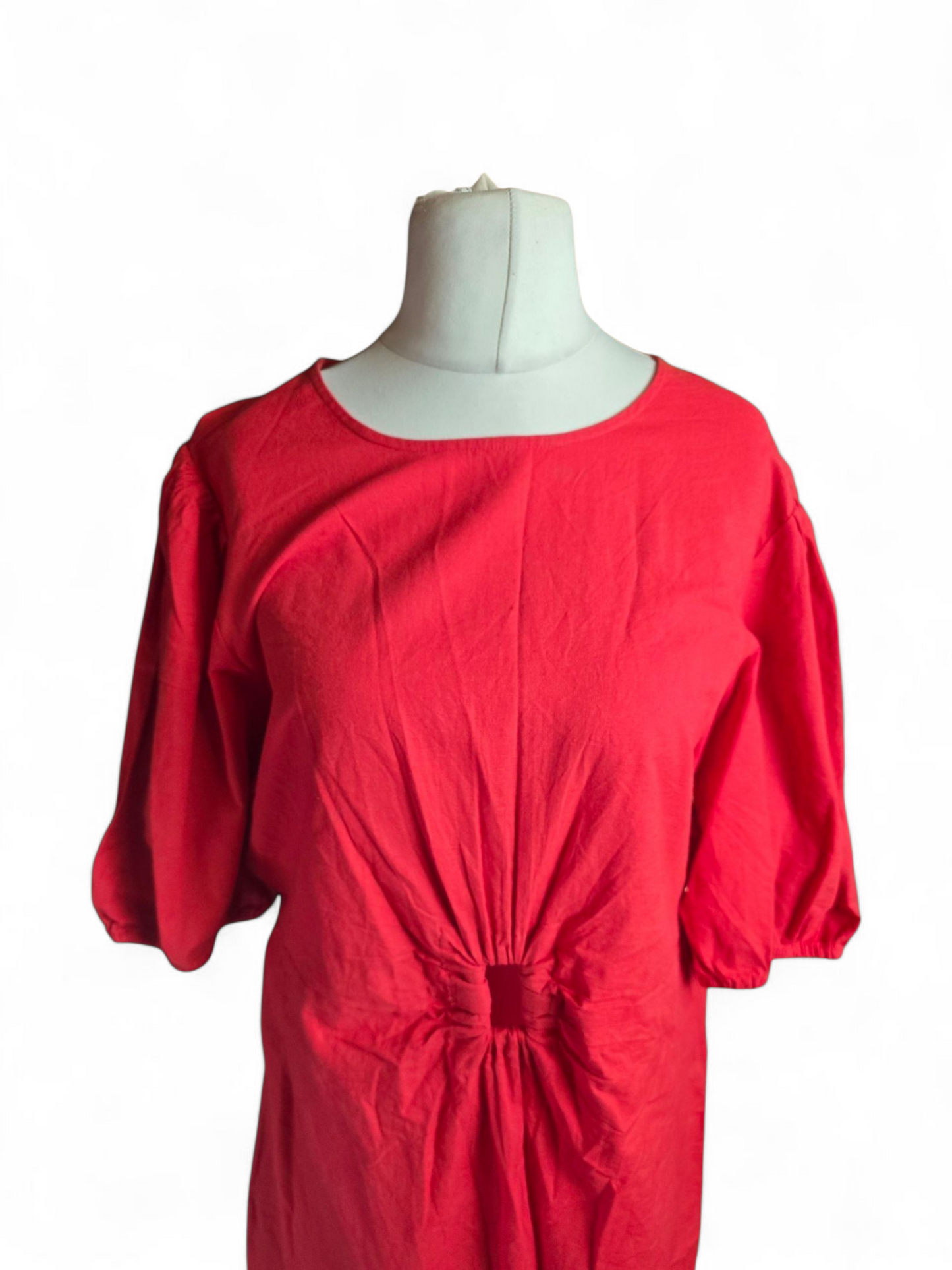 Primark Red Linen Blend Dress Size 20 – Short Sleeves, Cut-Out Detail, Button Back, Elegant Fit