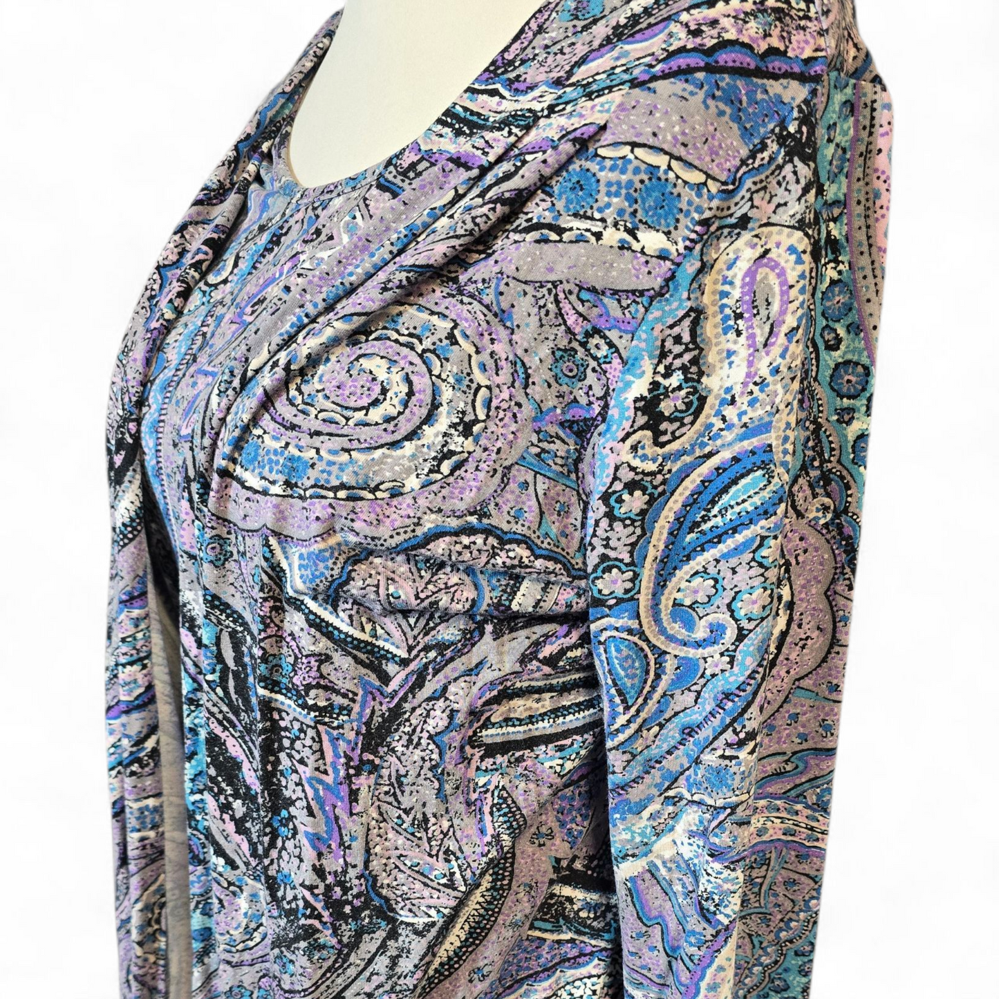 Per Una Purple, Green & Blue Patterned Layered Top – Size 16 – Stretchy Fit