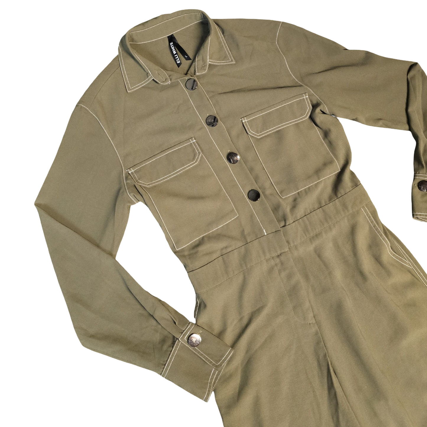 Elli White Jumpsuit Khaki Green Size 12 Utility Flared Weekend Causal