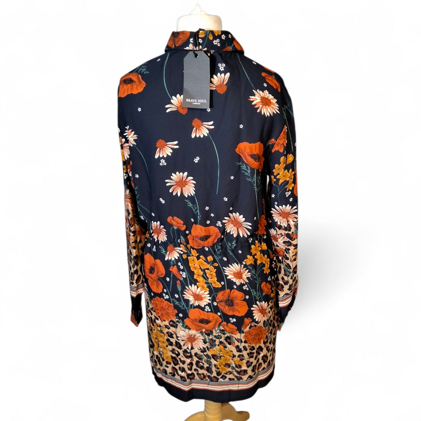 Brave Soul Navy & Orange Floral Leopard Print Shirt Dress – Size M (UK size 10/12)