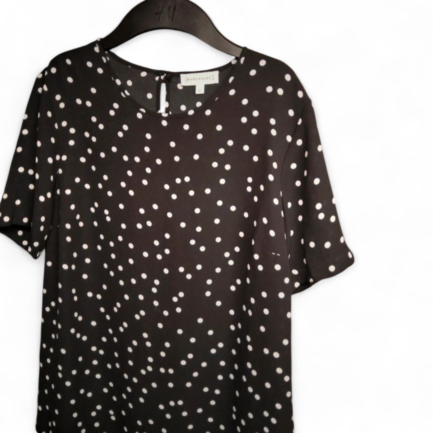 Warehouse Black & White Polka Dot Top – Size 8 – 100% Polyester