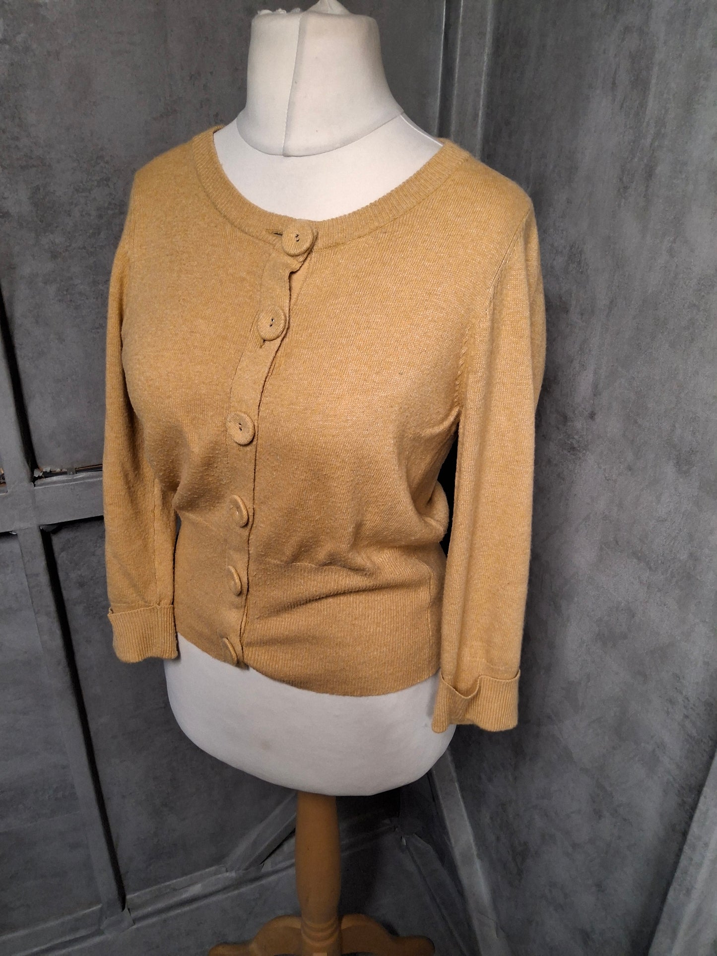 Monsoon Mustard Yellow Cropped Cardigan – Cashmere Angora Blend UK 10/12 Cosy & Cute