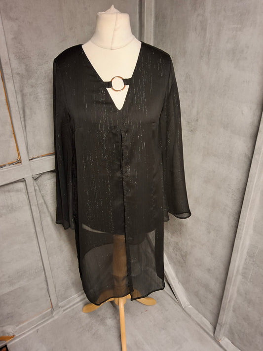 Julien Macdonald Black & Silver Sheer Long Sleeve Top – Size 8 – Evening Statement Piece