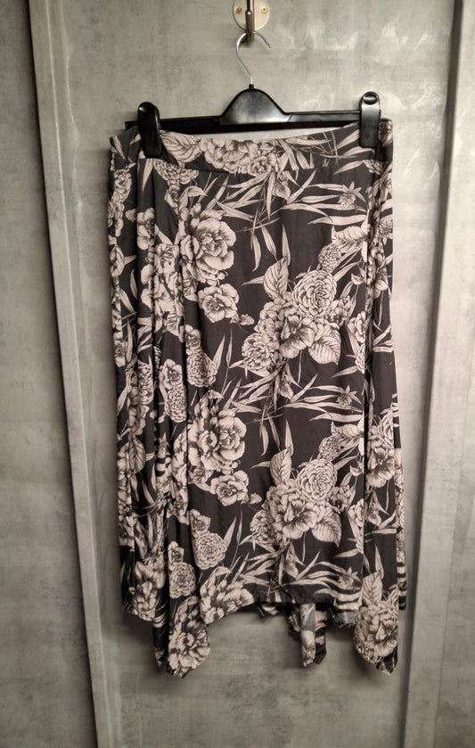 Thought Grey & White Floral Asymmetrical Midi Skirt – Size 18, 100% Lyocell, Elastic Back