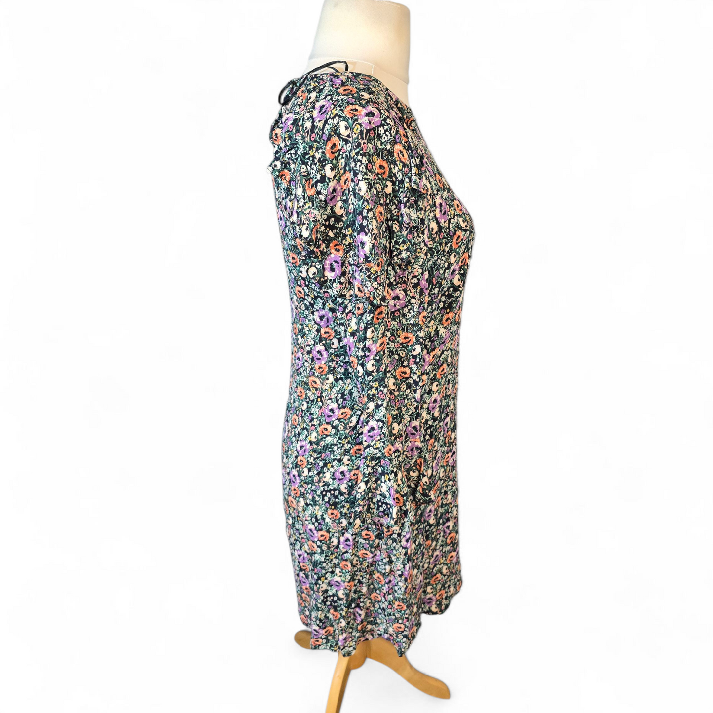 Monsoon Multicoloured Floral Knee-Length Dress – Size 12 – Frill Detail & ¾ Sleeves