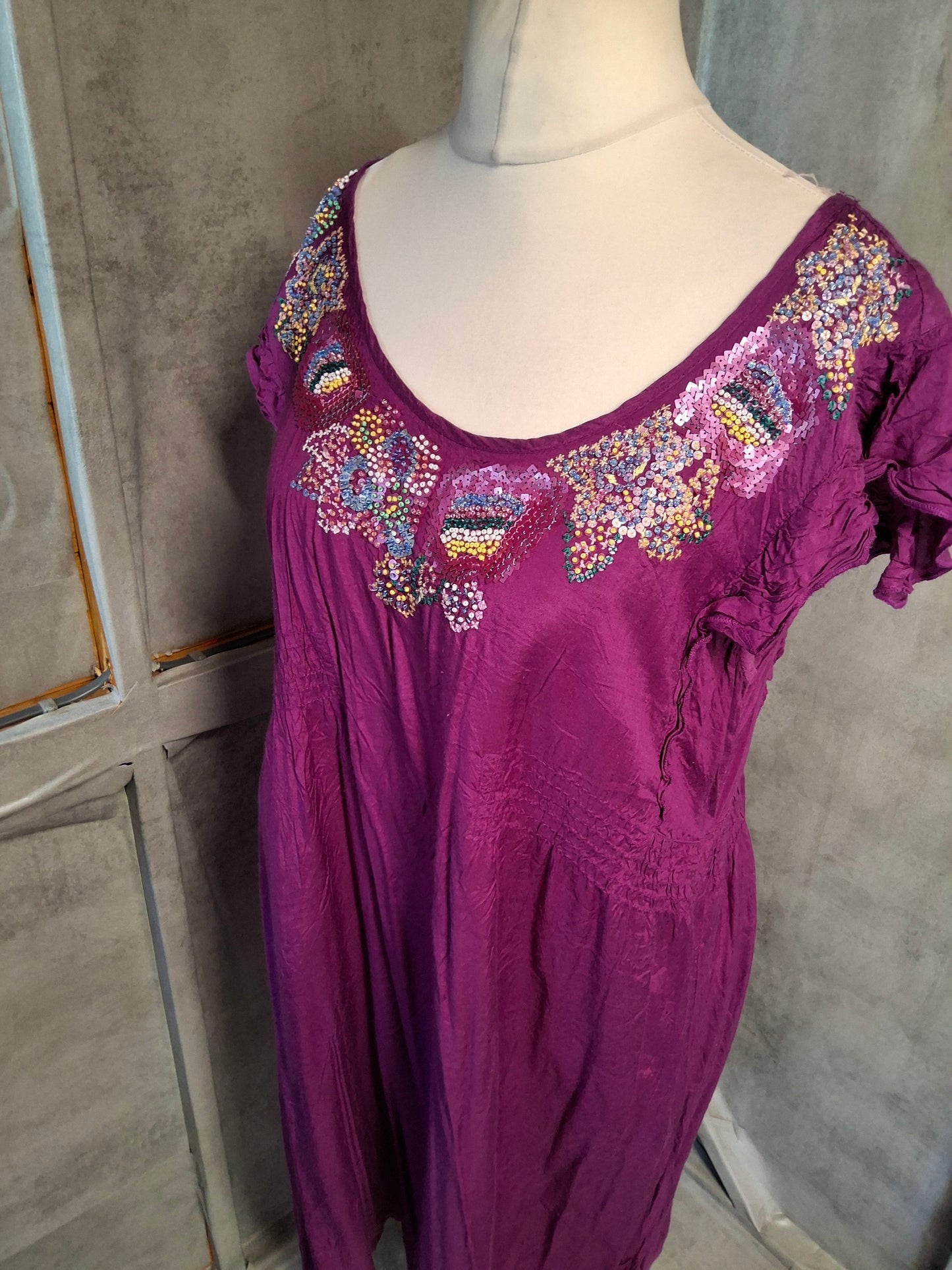 New Look Purple A-Line Dress | Size 16 UK | Beaded Front, Frill Sleeves, Tie Back
