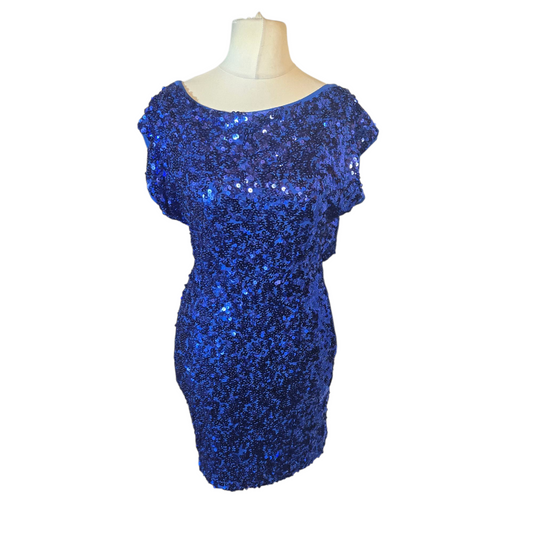 TFNC London Blue Sequin Mini Dress – Size M (size 12/14) – Open Back Party Sparkle