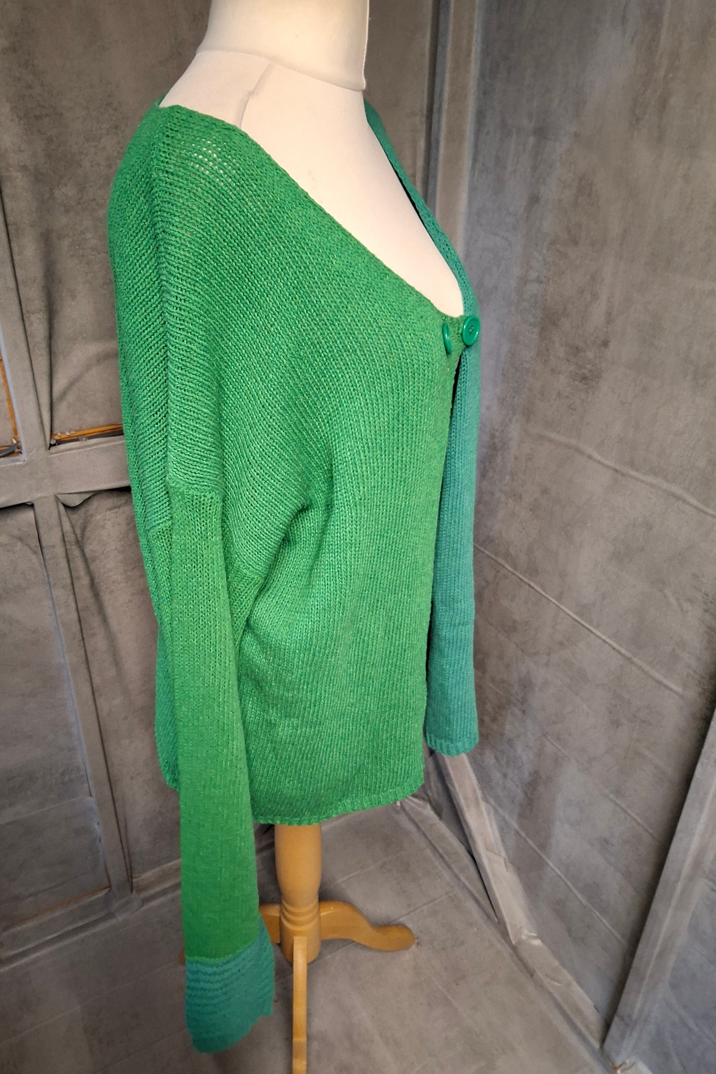 Handmade Green Colour Block Knit Cardigan – Relaxed Fit, Button Close