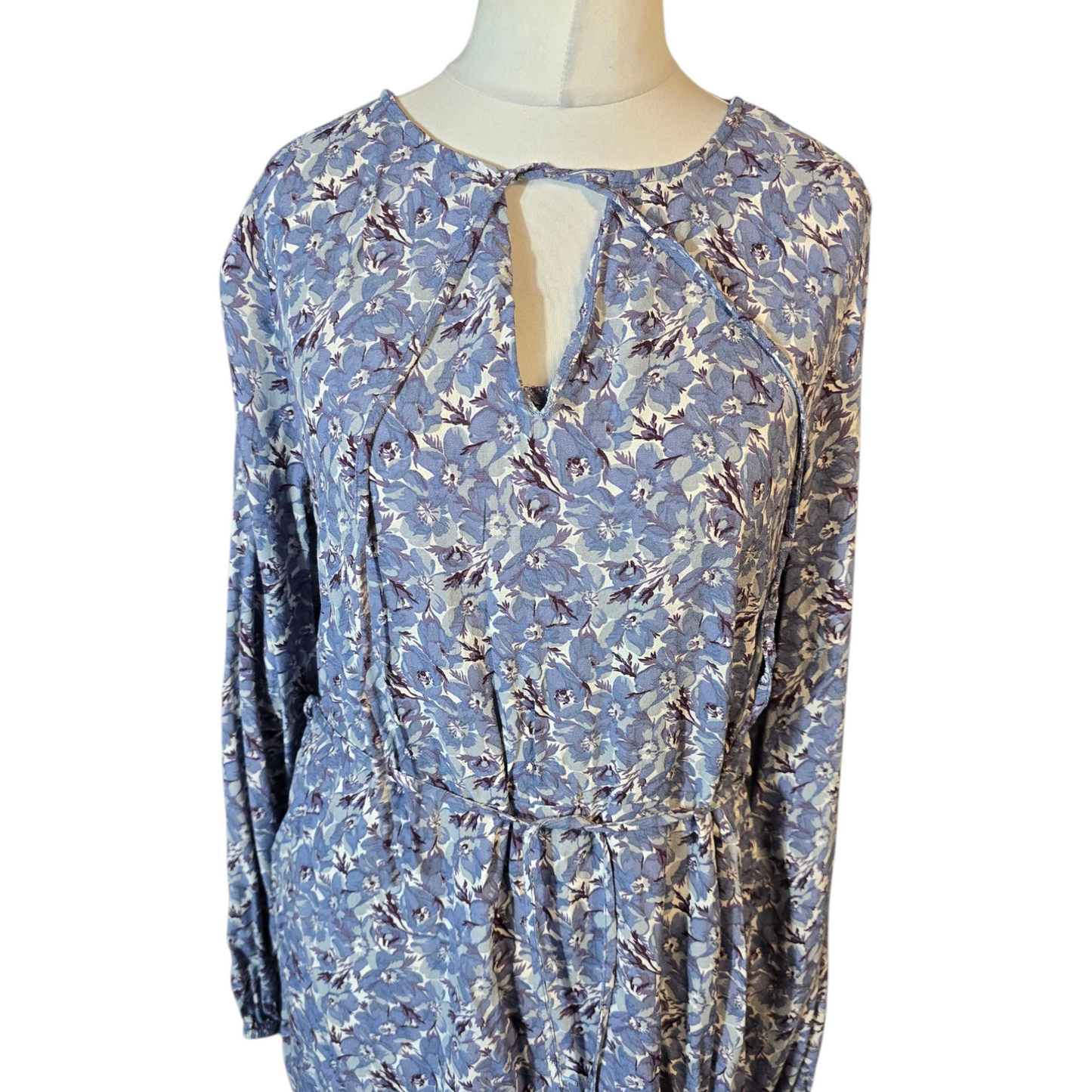 Next Blue & White Floral Maxi Dress – Size 12 – Long Sleeves, Belted