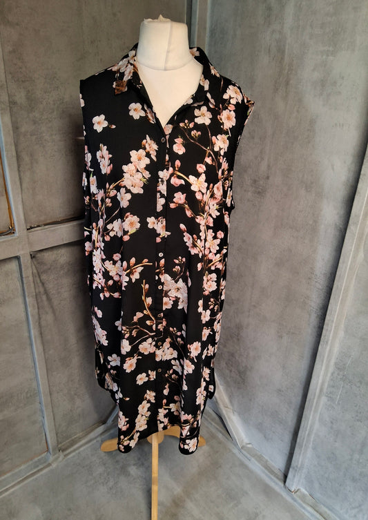 George Black Floral Sleeveless Shirt Dress – Size 18 – Button Front
