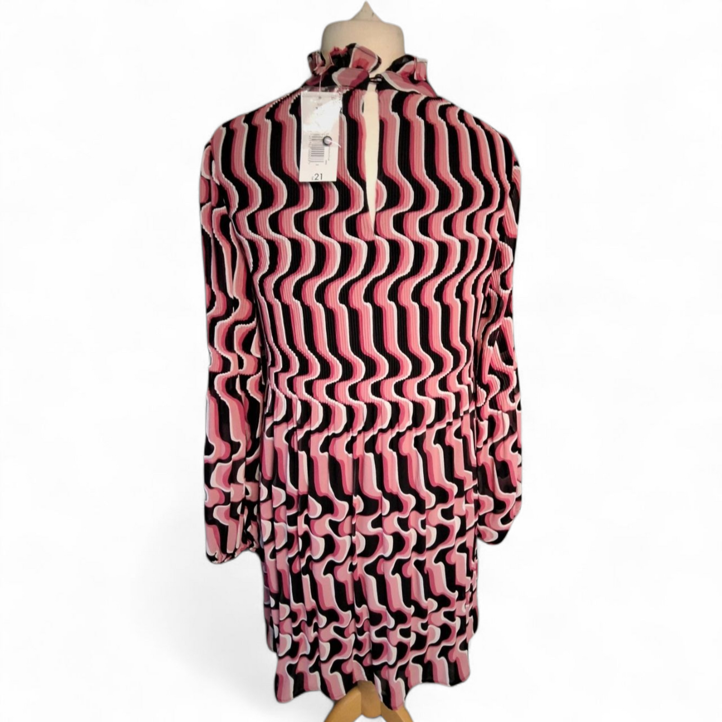 Et Vous Pink & Black Geometric Midi Dress – Size 12 – Sheer Sleeves