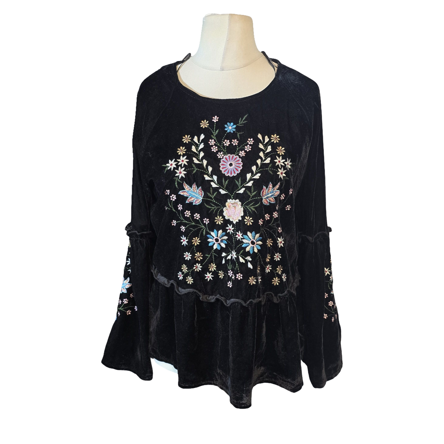 Tu Black Velvet Floral Embroidered Peplum Blouse – Size 12