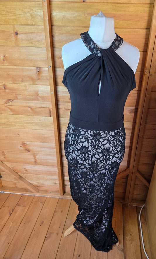 Jane Norman Black Lace Sequin Dress – Size 12, Sleeveless, High Neck, Long A-Line Formal Dress