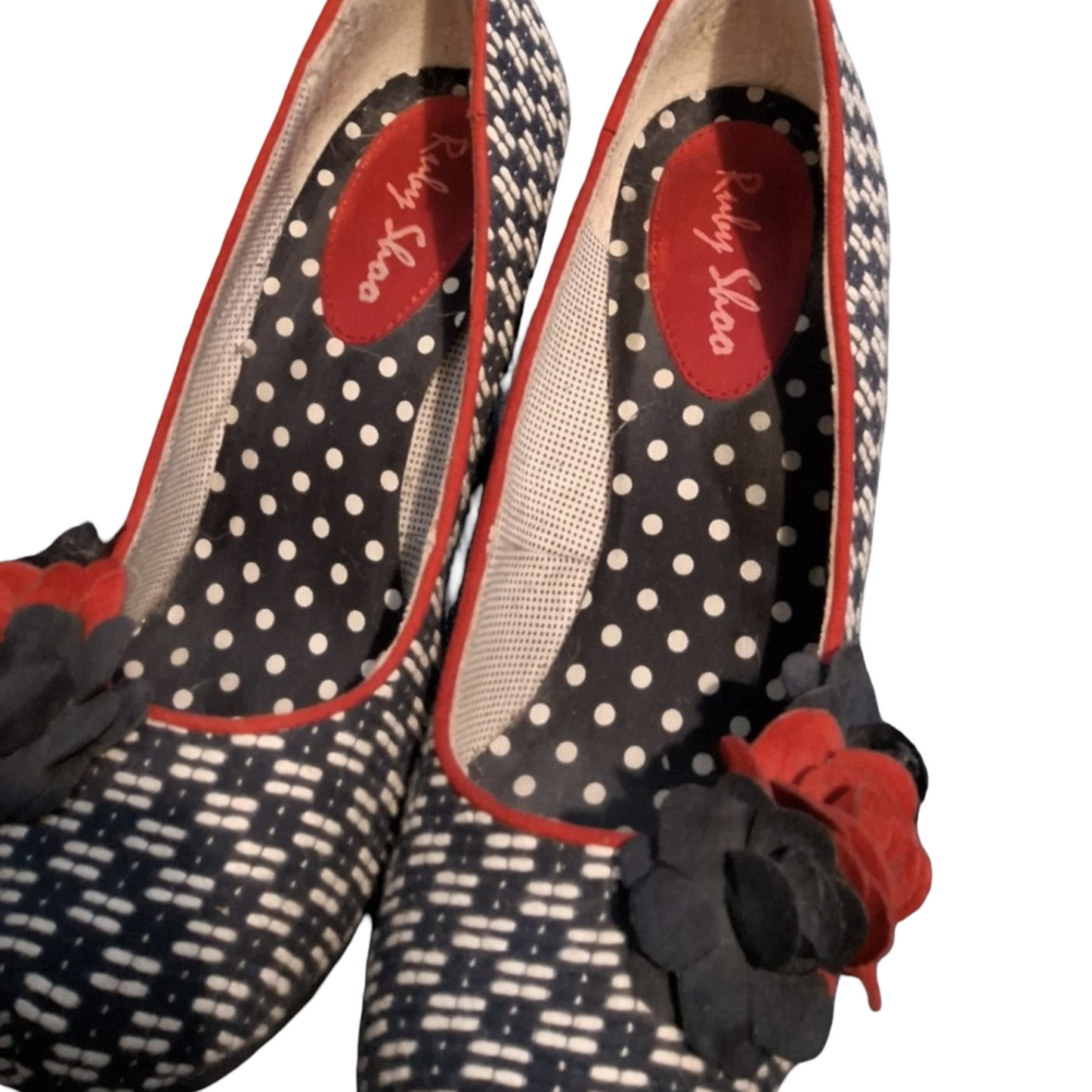 Ruby Shoo Navy White & Red Knit Design Block Heel Shoes – UK 5 – 9cm Heel