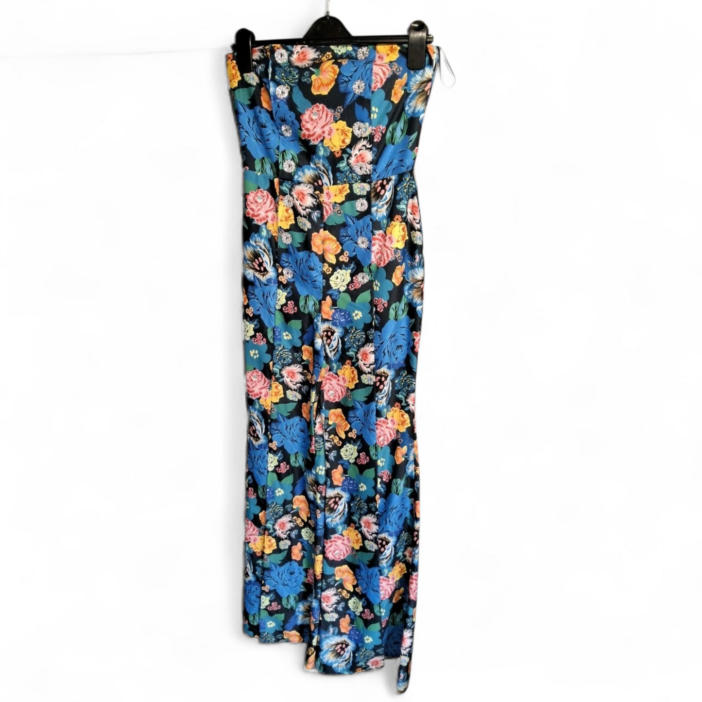 Topshop Bold Floral Strapless Jumpsuit – Size 8, Corset Top, Flared Leg with Front Slit