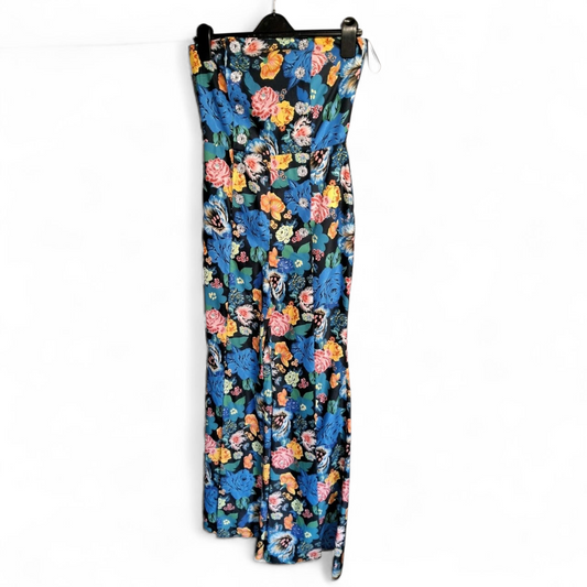 Topshop Bold Floral Strapless Jumpsuit – Size 8, Corset Top, Flared Leg with Front Slit
