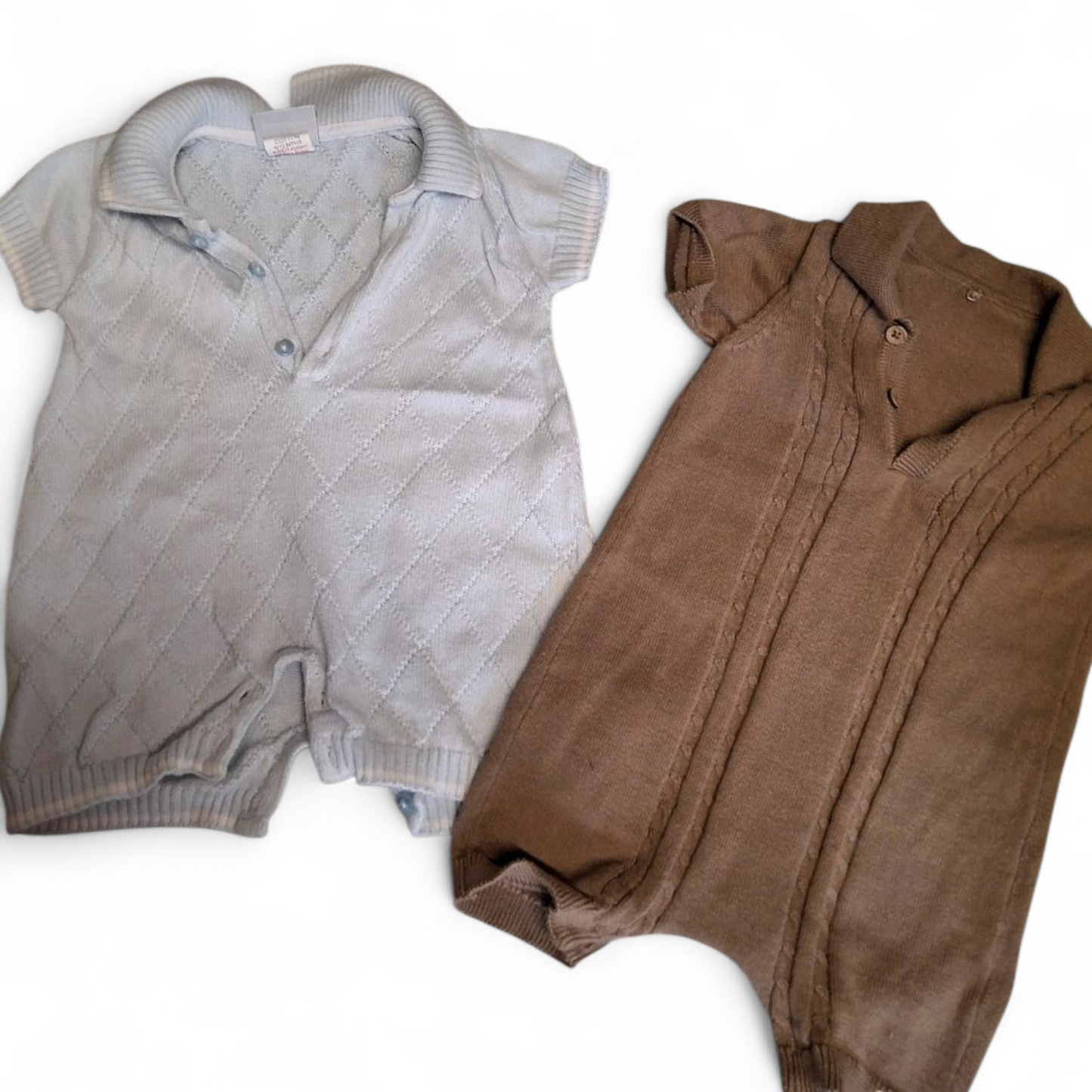 2 x Baby Boys Knitted Rompers – George Brown & Dandelion Blue – 6–9 Months
