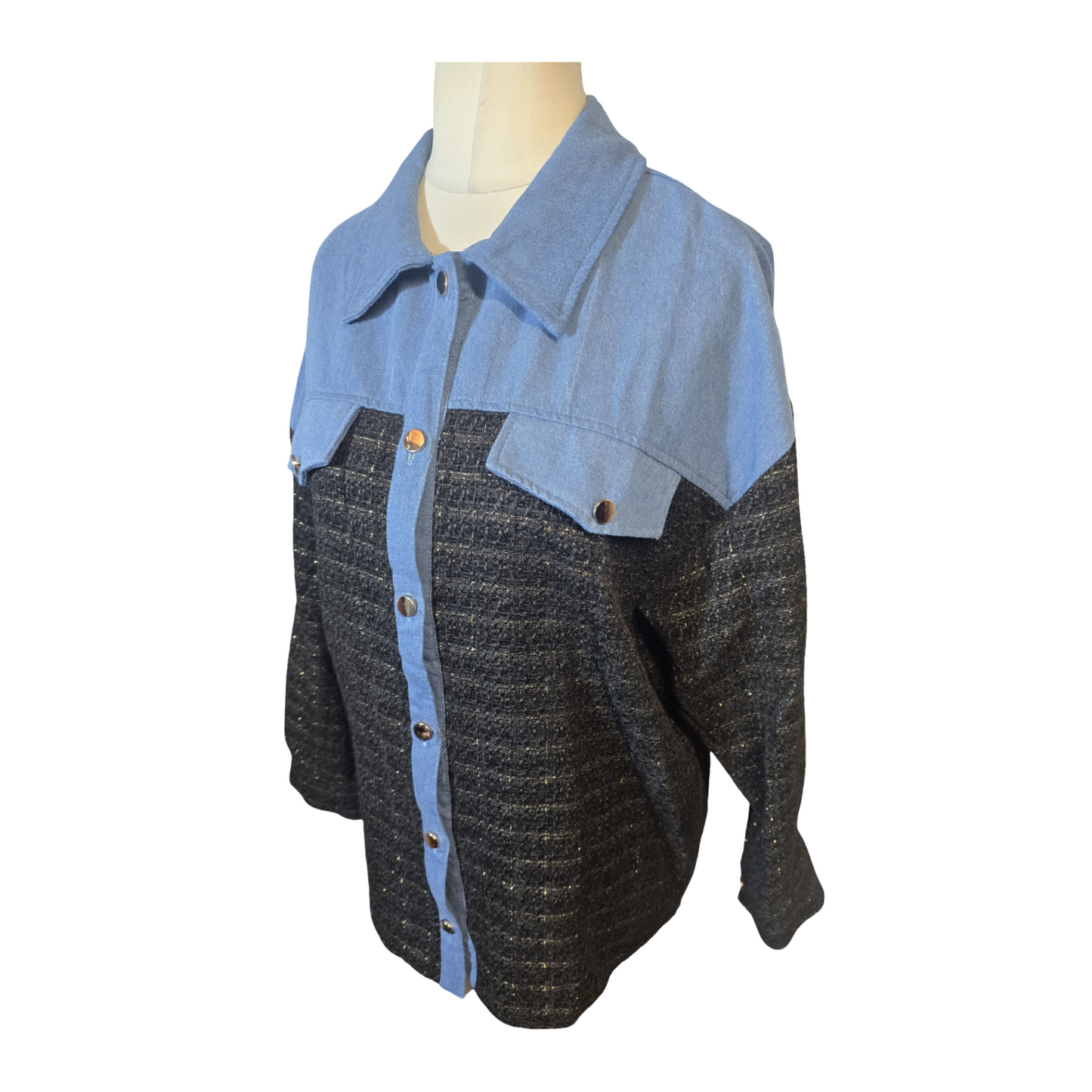 Koolook Blue Denim & Black Knit Shirt – Gold Thread – Size M (Fits size 12/14) – NWT