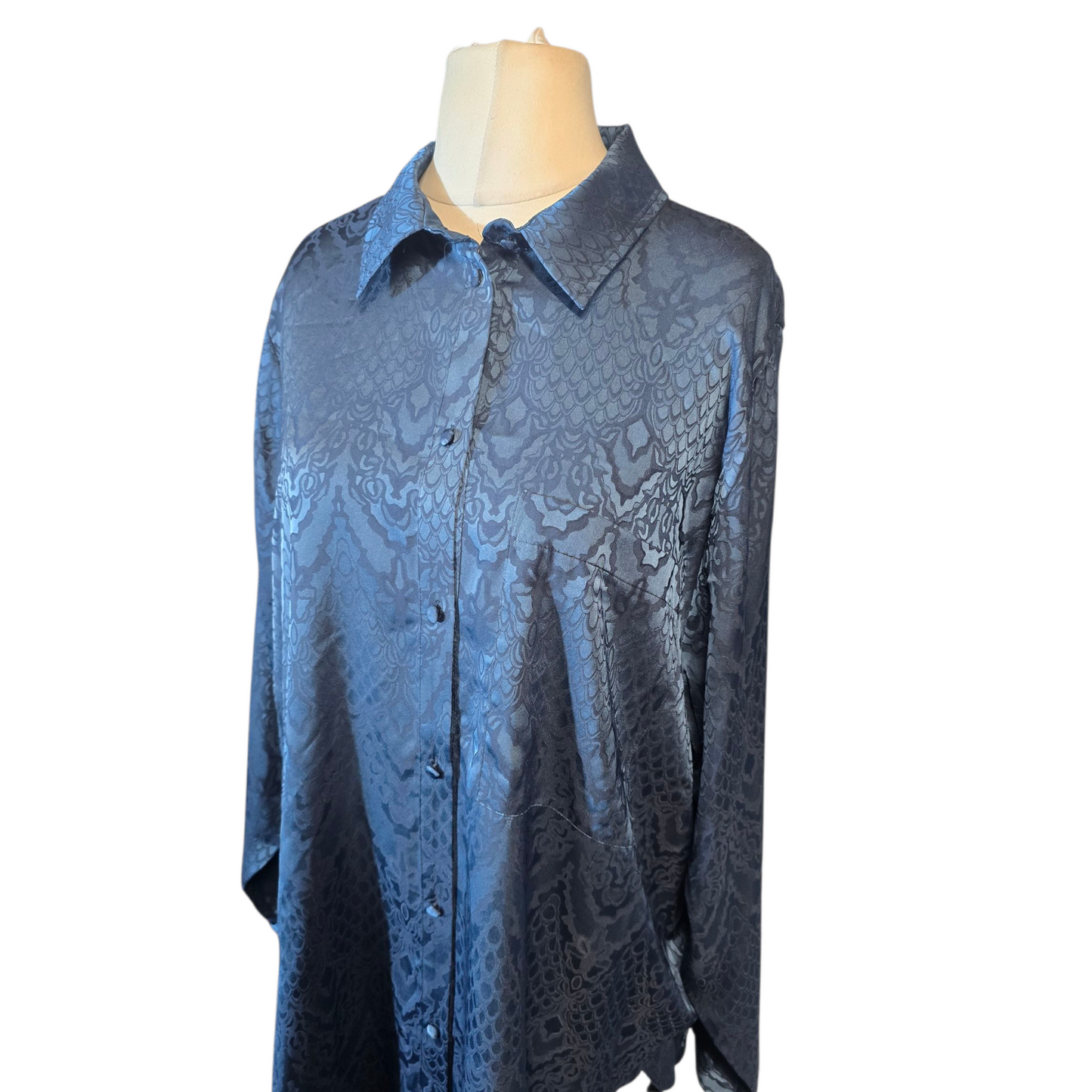 Next Navy Patterned Silky Blouse – Longer Length, Size 16