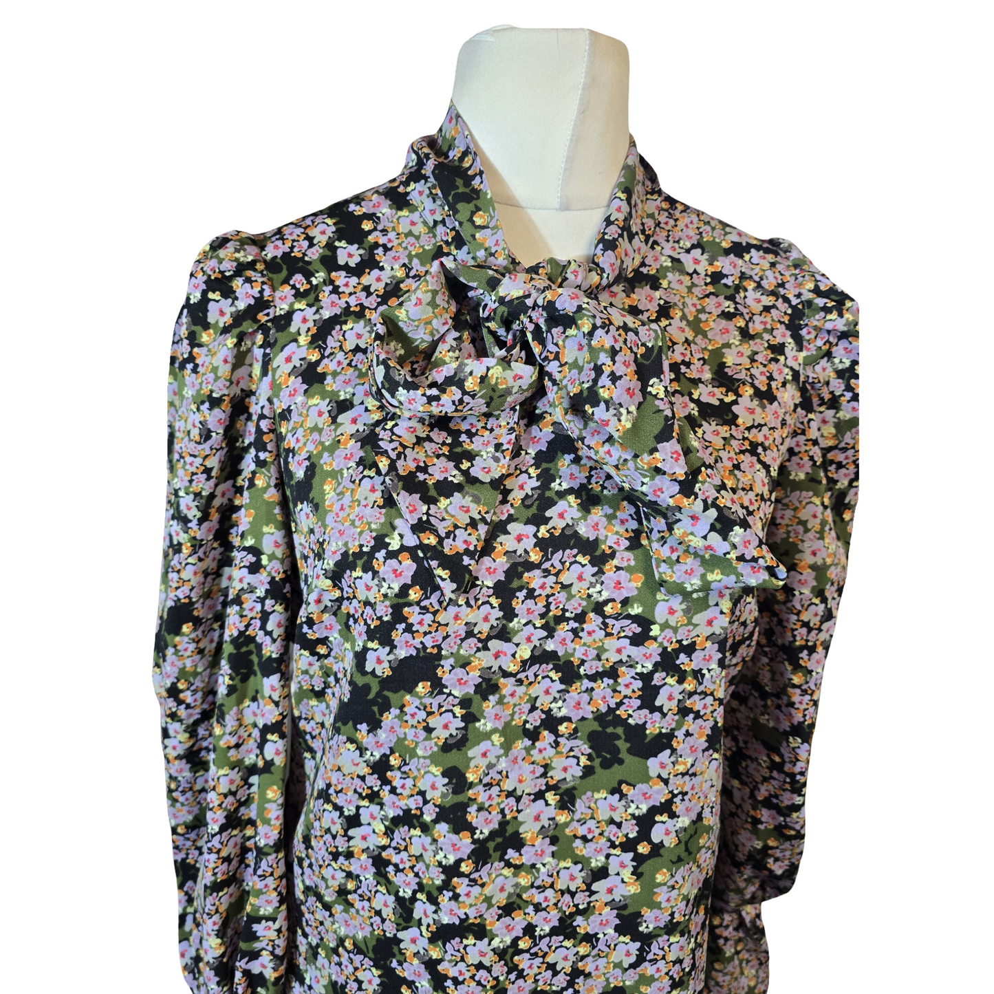 Never Fully Dressed Multicoloured Floral Blouse – Tie Neck & Frilly Cuffs – Size 12
