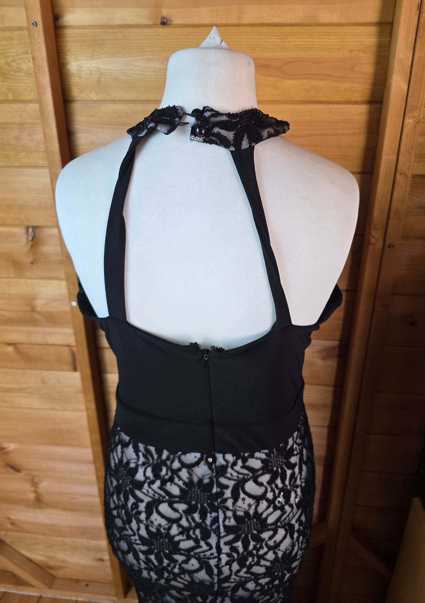 Jane Norman Black Lace Sequin Dress – Size 12, Sleeveless, High Neck, Long A-Line Formal Dress