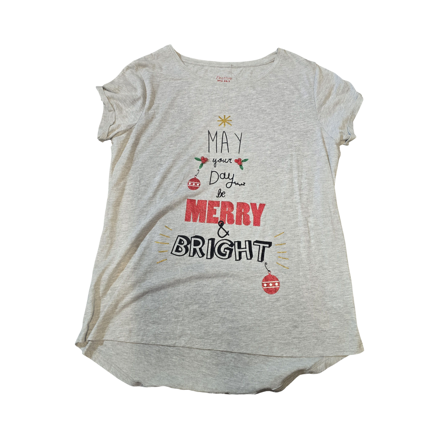 Matalan Grey Christmas T-Shirt – Relaxed Fit – Size M (Fits size 14/16)